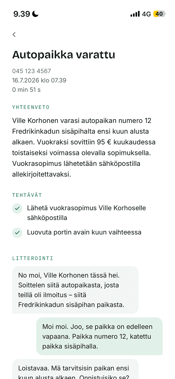 Nopsanumero-sovelluksen puhelunäkymä: yhteenveto puhelusta ja tehtävälista