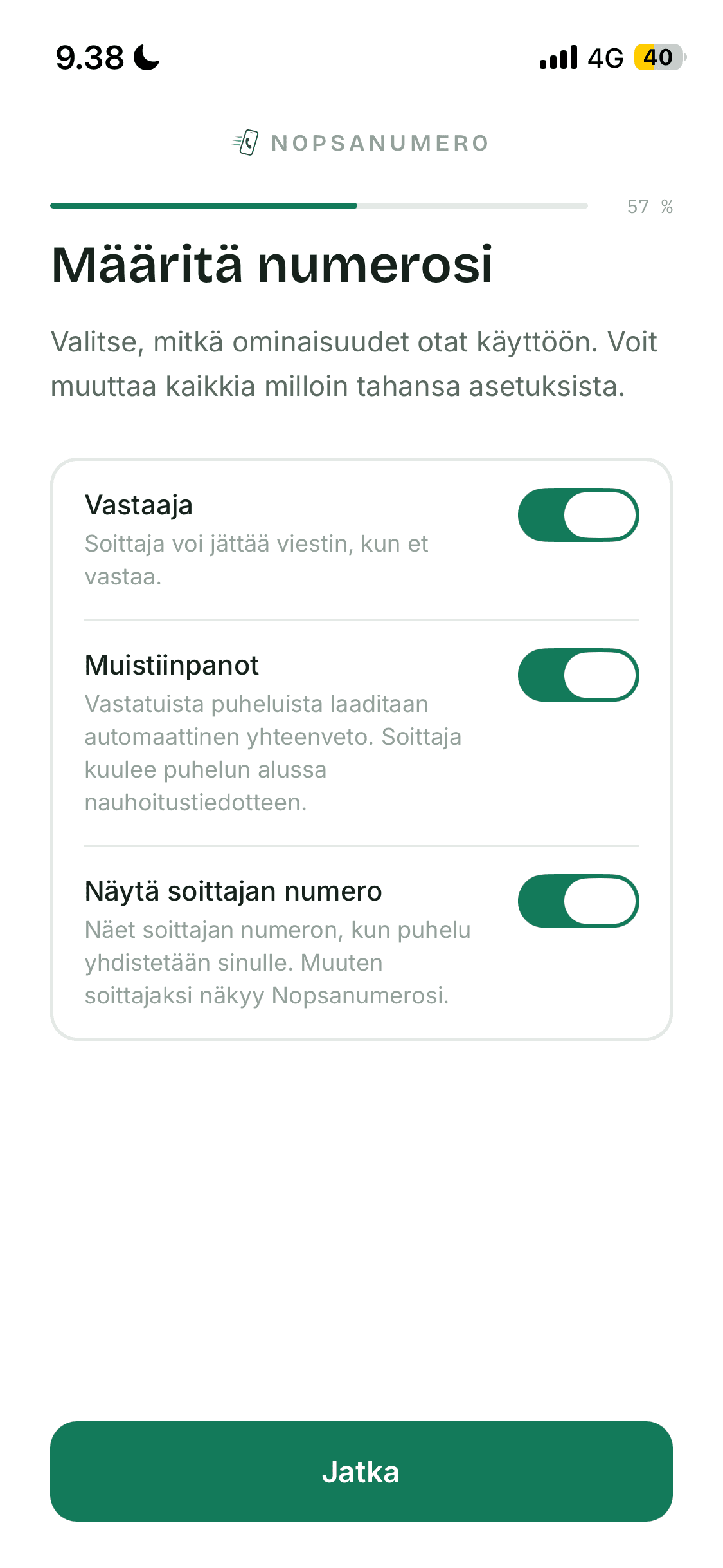 Ominaisuuksien valinta Nopsanumero-sovelluksessa